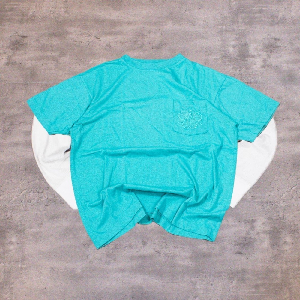 Vintage VTG 1990's Flower Pocket Boxy Cropped Single Stitch Teal T-Shirt